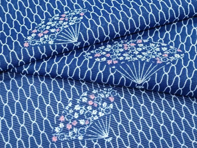 長閑やかさ屋御召しもの＊夏物 小紋 絽 扇子被子植物文 洗える御召しもの CABF4557rv