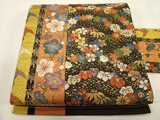 平和屋着物●アンティーク　大正ロマン　九寸名古屋帯　飛鶴草花文　金糸　正絹　逸品　CABF6335dy｜平和屋