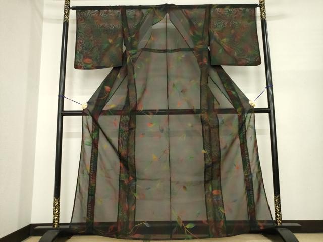 長閑やかさ屋御召しもの＊夏物 小紋 風通紗 枝葉文 黒地 正絹 珠玉 AABI7149ck