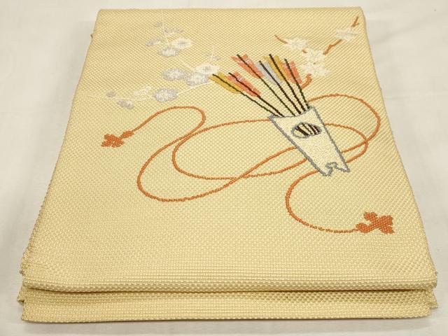 長閑やかさ屋御召しもの●八寸名古屋帯 刺しゅう 花籠矢羽文 正絹 珠玉 CABF6336dy