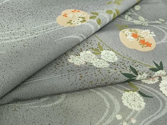 長閑やかさ屋御召しもの▽小紋 単衣 水流花文 金彩 洗える御召しもの AABI7613jh