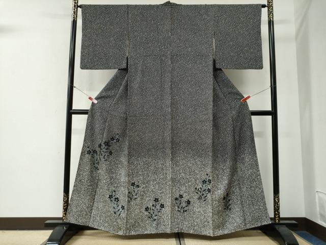 長閑やかさ屋御召しもの●色留短い訪問着 桔梗 たたき染め 黒地 銀彩 正絹 珠玉 CABG0338yc