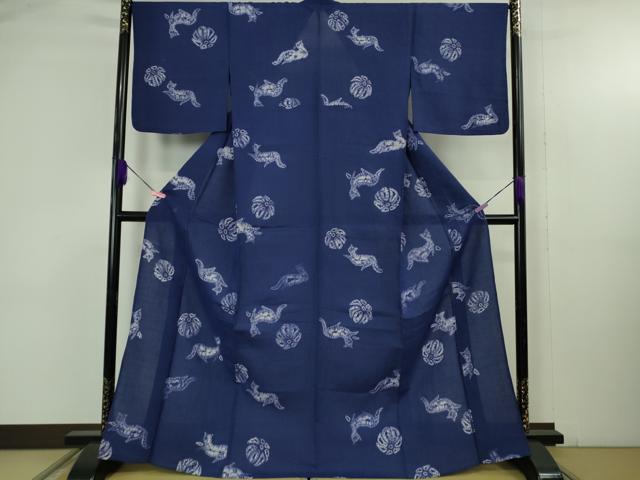 長閑やかさ屋中央局∴御前上等 夏物 浴衣 有松鳴海絞り 猫 猫 花 紺藍色地 麻 珠玉 DZAB4673kh6