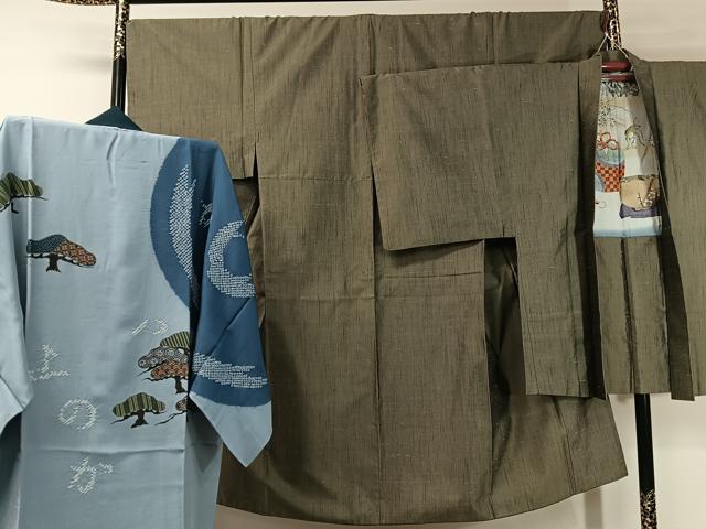 平和屋着物●男性 紬 アンサンブル 長襦袢セット 鶸茶色 正絹 逸品 CABC9676vp|平和屋