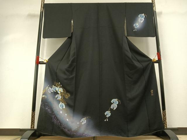 平和屋着物●螺鈿作家 藤本隆士 訪問着 草花文 暈し染め 黒地 金銀彩 正絹 逸品 AABH0785fy|平和屋