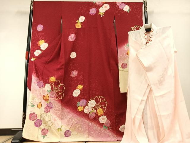 平和屋着物●豪華振袖・長襦袢(無双仕立て)セット　草花文　暈し染め　金彩　ロング丈　半衿刺繍　正絹　逸品　AABI1299fy｜平和屋