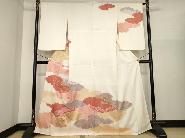 平和屋着物●訪問着　絞り　刺繍　雲重ね花文　正絹　逸品　AABI9696ck｜平和屋