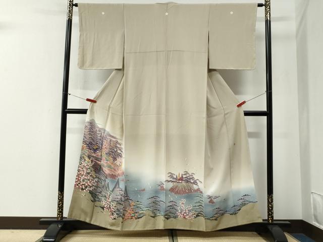 長閑やかさ屋御召しもの●晴れ晴れしい色留袖 友禅 絵書き物 遠山浜松見晴らし文 暈し染め 正絹 珠玉 未当て嵌める CABG0363yc