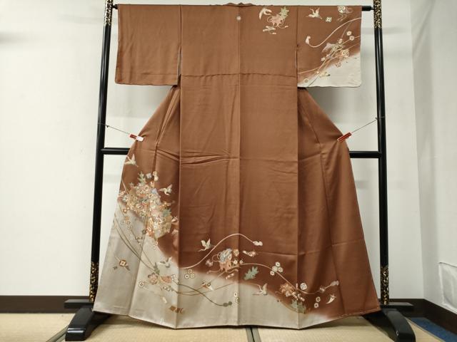 長閑やかさ屋御召しもの●短い訪問着 飛鶴宝尽くし 暈し染め 金彩 正絹 珠玉 未当て嵌める CABG0389yc