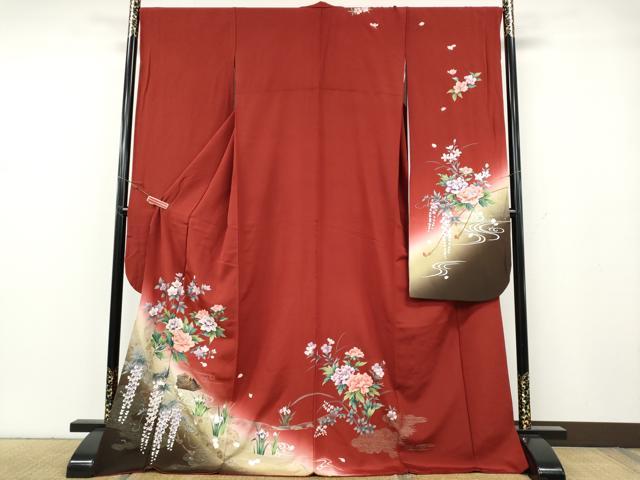 長閑やかさ屋御召しもの●晴れ晴れしい振袖 駒刺しゅう 鴛鴦顕花植物文 暈し染め 現ナマ彩 さが美取りまわし 正絹 珠玉 CABG5426ut