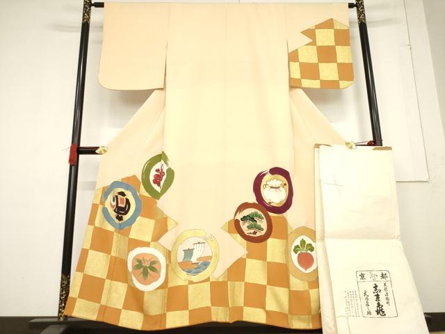 平和屋着物●銀座　志ま亀　訪問着　市松吉祥花丸文　金彩　たとう紙付き　正絹　逸品　AABF1387ck｜平和屋