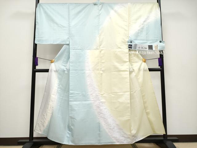 長閑やかさ屋中央局■滅多に無い 成人男性 夏物 十日町 高家ハマグリ 櫛引織 赤城紬 草木染 キングサイズ 短い訪問着 山梔子藍色染 やまと誂製 証紙付 珠玉 CYAA2613s5