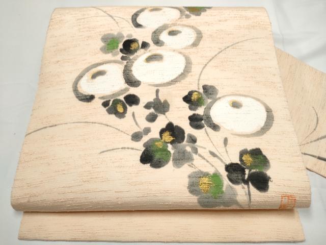 長閑やかさ屋御召しもの●九寸名古屋帯 絵描き物 紬地 墨付き 万寿菊 金彩 正絹 珠玉 CABE4697hy