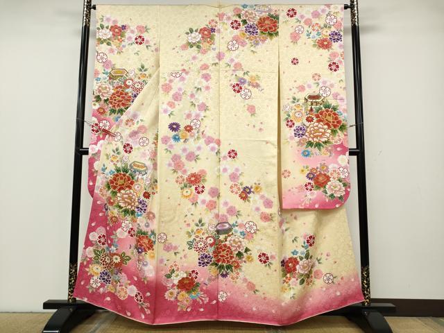 長閑やかさ屋御召しもの●晴れ晴れしい振袖 貝桶花文 暈し染め 金彩 正絹 珠玉 CABG5429ut