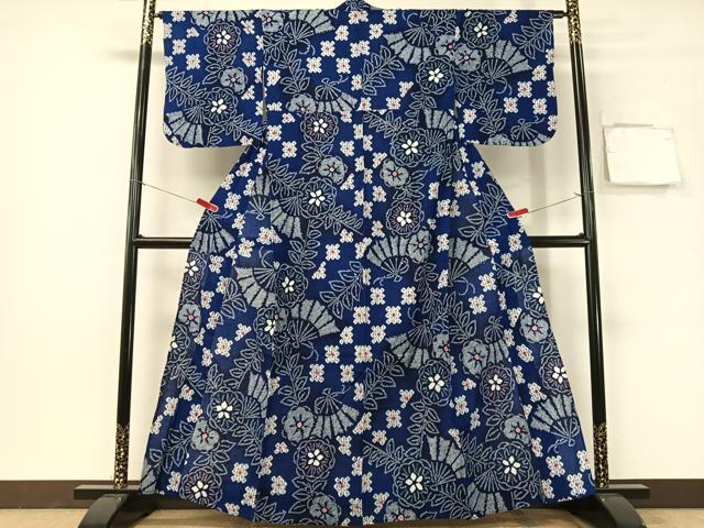 長閑やかさ屋御召しもの∴夏物 浴衣 有松鳴海絞り 扇子花文 綿 珠玉 CABG7616vp