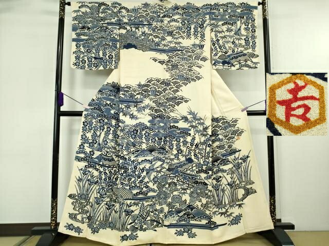 長閑やかさ屋中央局●より良い 和染紅型 栗山紅型 栗山吉三郎 本藍 短い訪問着 見晴らし花鳥文 クレープ地 薄べったい砥粉色 珠玉 未当てはめる DZAB6705kh6