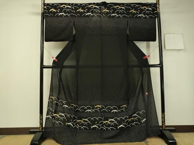 長閑やかさ屋御召しもの＊夏物 ファッションデザイナー 花井幸子 短い訪問着 絽縮緬 芝生横段文 黒地 現ナマ彩 正絹 珠玉 CAAS8364vp