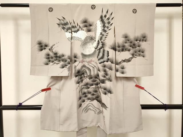 平和屋着物[]お宮参り　男の子　祝着　産着　初着　のしめ　作家物　鷹　鷲　松文　金彩　逸品　DABC5387ma｜平和屋
