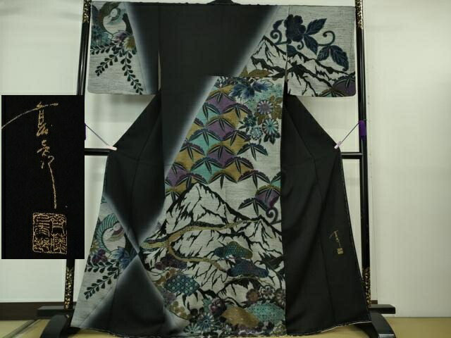 長閑やかさ屋中央局●御前上等 キモノデザイナー 斉藤上太郎 短い訪問着 松笹花鳥文 黒地 銀彩 珠玉 未当て嵌める DZAB6706kh6