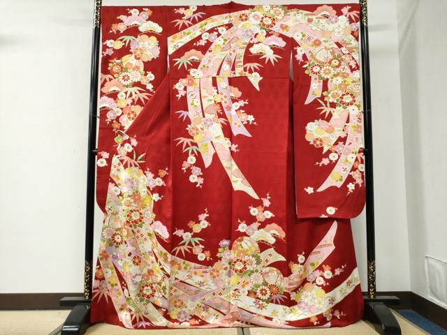 長閑やかさ屋御召しもの●晴れ晴れしい振袖 駒刺しゅう 鬘帯毬松竹梅花文 金彩 正絹 珠玉 CABG0397yc