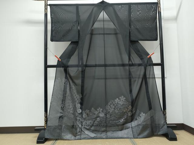 平和屋着物*夏物 色留訪問着 絽 束ね熨斗花文 黒地 洗える着物 CABI1421th|平和屋