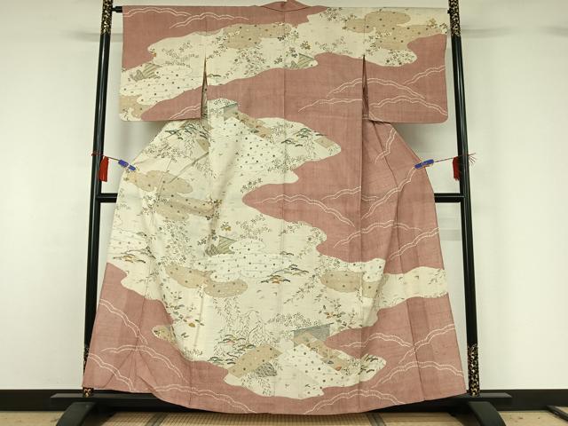 長閑やかさ屋お召しもの▽染織の名家 しょうざん  生紬 短い訪問着 単衣 紬地 絞り 被子植物文 金彩 正絹 珠玉 AABG8853jh 着物-レディースファッション-和服