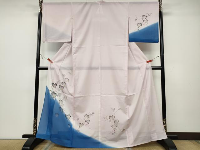 長閑やかさ屋御召しもの＊夏物 短い訪問着 絽 墨付き 蔦の葉文 暈し染め 洗える御召しもの CAAW3143ut
