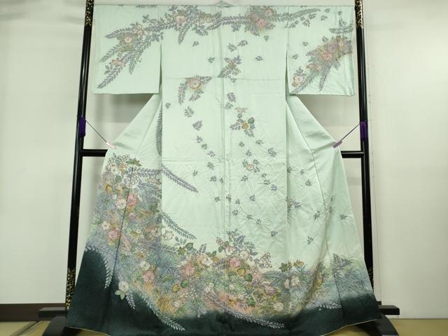 長閑やかさ屋中央局●御前上等 短い訪問着 辻が花 白緑であること地 暈し染め 金彩 さが美取りまわし 珠玉 DZAB6716kh6