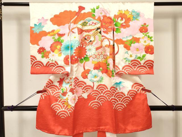 平和屋着物[]お宮参り　女の子　祝着　産着　初着　のしめ　駒刺繍　貝桶飛鶴花文　金彩　逸品　DABA3779ma｜平和屋