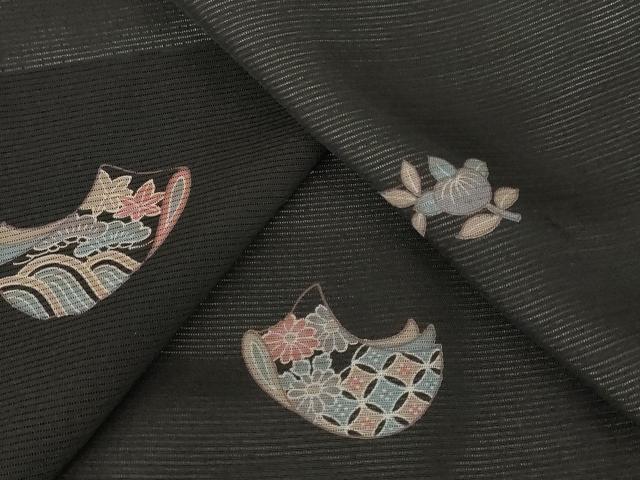 平和屋着物＊夏物 小紋 絽 地紙花文 黒地 正絹 逸品 AABB8651st｜平和屋