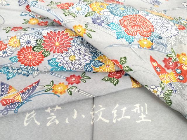 平和屋着物●民芸小紋紅型 小紋 花蝶文 反端付き 正絹 逸品 AABI0014cs