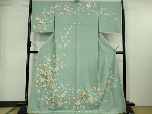 長閑やかさ屋中央局●御前上等 佐賀錦 短い訪問着 友禅 絵書き物 枝椿 錆青磁色地 現ナマ糸 ロング丈 珠玉 DZAB6724kh6