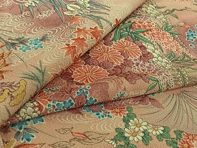 長閑やかさ屋御召しもの▽飛び切りな小紋 単衣 見晴らし花鳥文 暈し染め 鬼しぼクレープ 正絹 珠玉 AABI2141jh