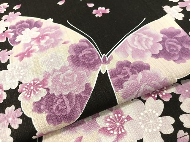 長閑やかさ屋御召しもの∴夏物 浴衣 舞蝶花文 黒地 綿 珠玉 CABG1984vp