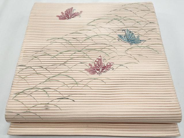 長閑やかさ屋お召しもの＊夏物 八寸名古屋帯 刺しゅう 絽綴れ 舞蝶顕花植物文 正絹 珠玉 CABH8278fb
