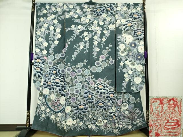 長閑やかさ屋中央局●御前上等 高家 藤娘きぬたや・総絞り 振袖 割れ易い 枝垂れ花 藍鉄御納戸地 名書き有り 珠玉 未当て嵌める DZAB4889kh6