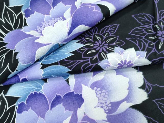 長閑やかさ屋御召しもの∴夏物 浴衣 顕花植物文 黒地 綿 珠玉 CABG7216rv
