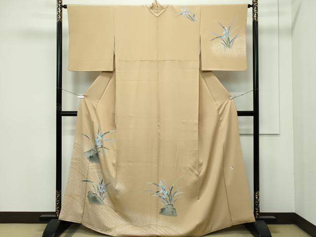 長閑やかさ屋御召しもの●飛び切り 京友禅 羽田細工場 京都府決める無形文化財守りつづける者 羽田登 短い訪問着 被子植物文 たたき染め 榛色地 珠玉 CZAA4463s6
