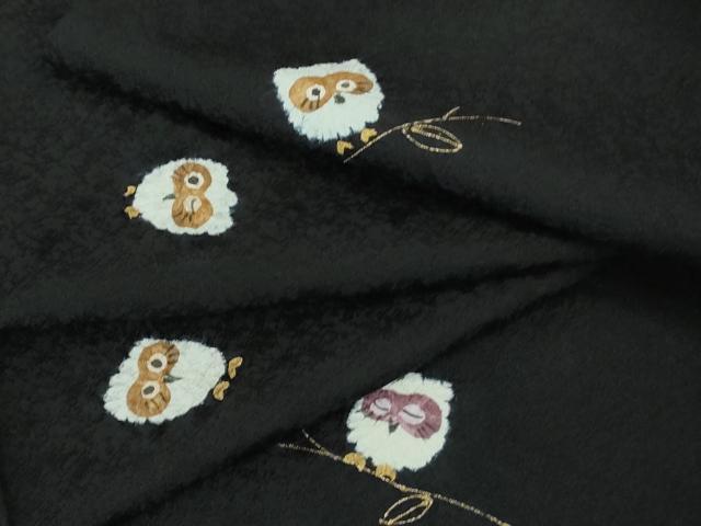 長閑やかさ屋御召しもの●飛び切り 小紋 墨付き ふくろう 梟 黒地 金彩 ロング丈 珠玉 未当て嵌める DZAB2467kh6