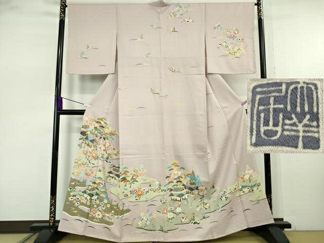 平和屋本店●極上　染刺工芸　大羊居　東京友禅　訪問着　刺繍　風景文　灰桜色地　金銀糸　逸品　DZAB7712kh6｜平和屋 227,500円