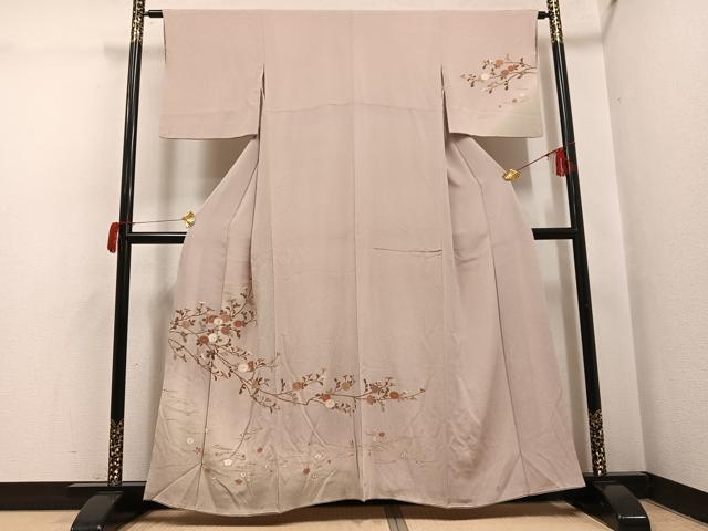 長閑やかさ屋御召しもの●短い訪問着 友禅 枝花文 暈し染め 金彩 鬼しぼクレープ 正絹 珠玉 AABH5334ph