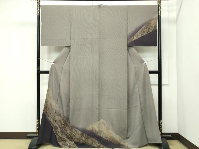 長閑やかさ屋御召しもの●飛び切り 印傳 短い訪問着 日本の首都小紋 万筋 黒紅×麻色 被子植物文 暈し染め 珠玉 CZAA4649s6