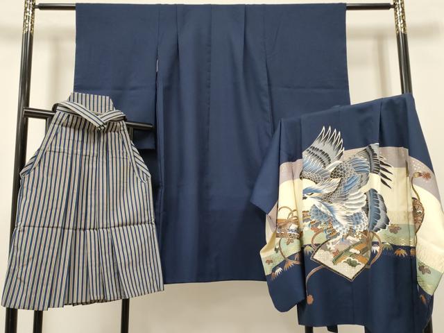 長閑やかさ屋御召しもの[]七五三 御坊っちゃん 祝着・羽織・行灯袴仕掛ける 鷹 鷲 絵巻見晴らし花文 金彩 DABA3541ea