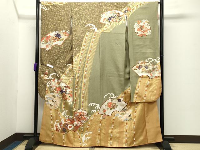 長閑やかさ屋お召しもの●晴れ晴れしい振袖 西洋紙御所車飛鶴花蝶文 金彩 正絹 珠玉 CABC8059gh
