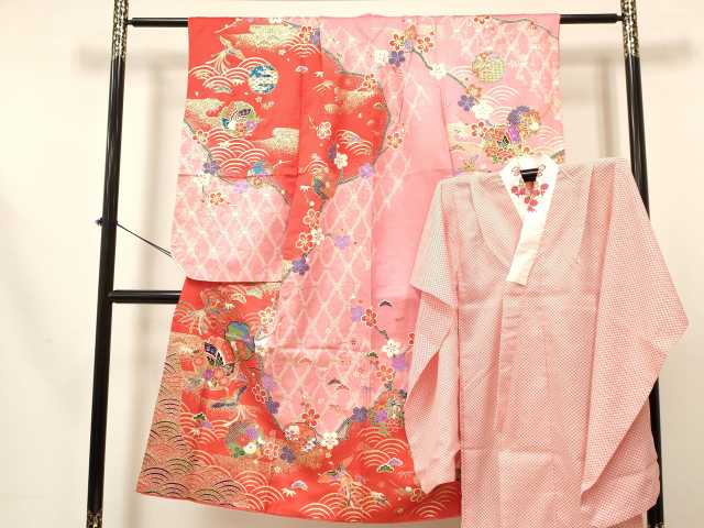 長閑やかさ屋御召しもの[]七五三 うしろ帯 ７歳 祝着 四つ身 長襦袢(単衣・半衿刺しゅう)仕掛ける 鳳凰 雪輪御所車花蝶文 金彩 珠玉 DABA3569ma