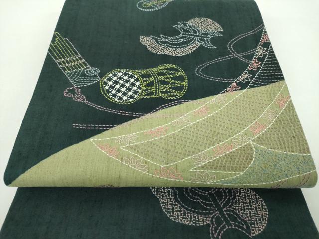 平和屋着物●袋帯 紬地 刺し子 総刺繍 楽器文 正絹 逸品 DABD1529ps|平和屋