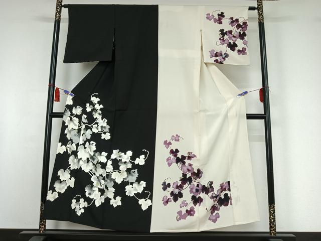長閑やかさ屋御召しもの▽短い訪問着 単衣 片身入れ替わり 草葉文 現ナマ彩 正絹 珠玉 AABI5007jh