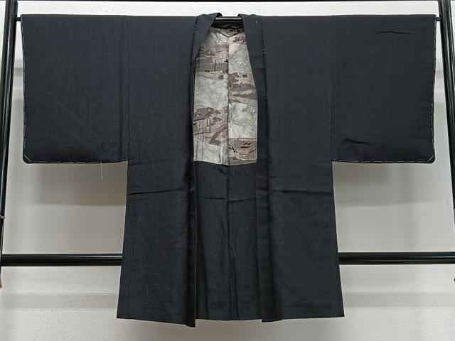 平和屋着物∞男性 長羽織 紬地 縞 黒地 銀糸 正絹 逸品 未使用 CABD4672ua|平和屋