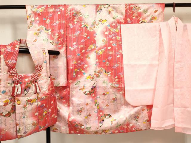 長閑やかさ屋御召しもの[]七五三 うしろ帯 ３歳 祝着 参身 長襦袢(無双仕立てもの)・厚地の外套仕掛ける 花蝶文 暈し染め 現ナマ彩 珠玉 DABA3579ma