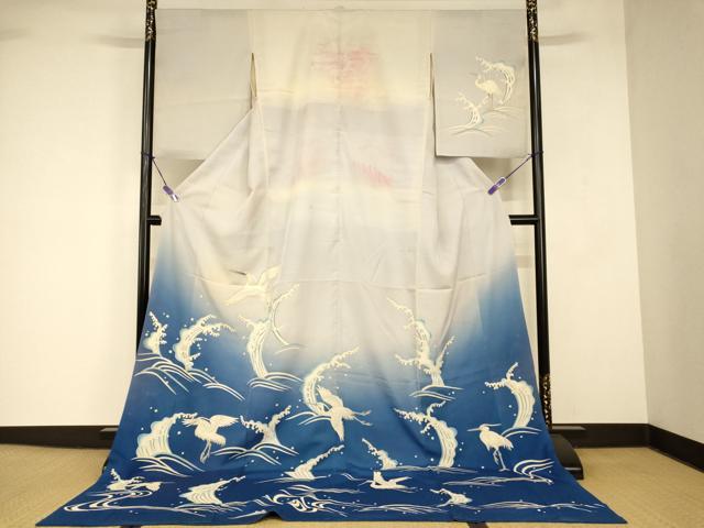 平和屋本店●夏物 お引きずり・お引き摺り 訪問着 和装 舞台 舞妓 芸妓 芸者 衣装 手描き 刺繍 飛鶴立波文 絽 銀糸 銀彩 逸品 AABJ2805fw｜平和屋